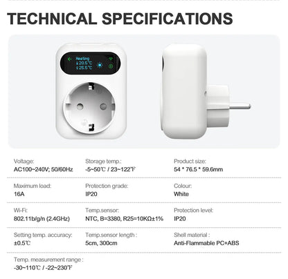 Tuya WIFI Digital Thermostat Socket 16A Outlet Plug Remote Temperature Controller Timer Switch Cooling Heating 3M NTC Sensor