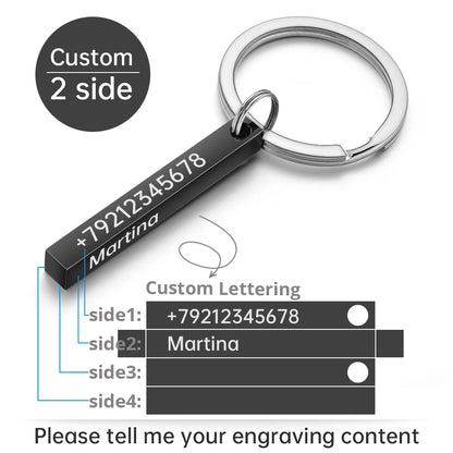 Personalize Keychains 3D Bar Stainless Steel Keyrings 4 Sides Engrave Text Name Date Logo Custom Key Chains Rings Love Gift P039