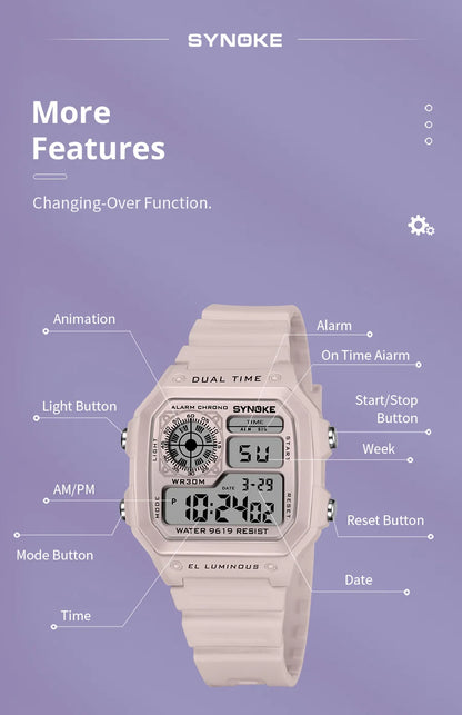 SYNOKE Digital Watches Lady Sports Luminous Multifunction Waterproof Chrono Wristwatch Outdoor Girls Fashion Student Watch New