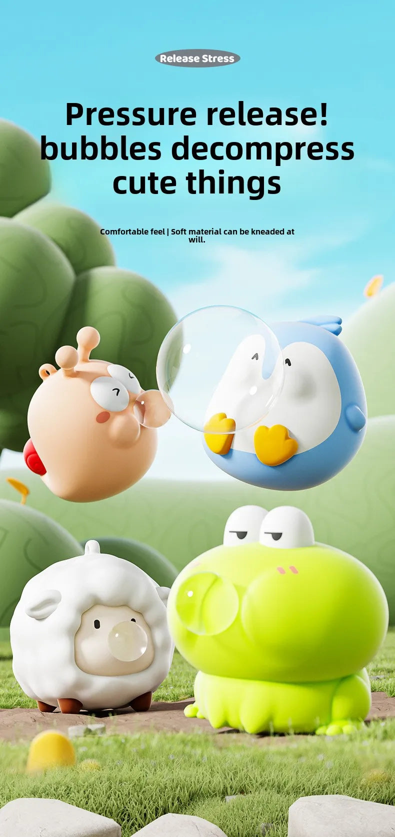 Cute Animal Spitting Bubbles Squish Squeeze Toy Anxiety Stress Relief Sensory Antistress Toys for Adults Birthday Christmas Gift