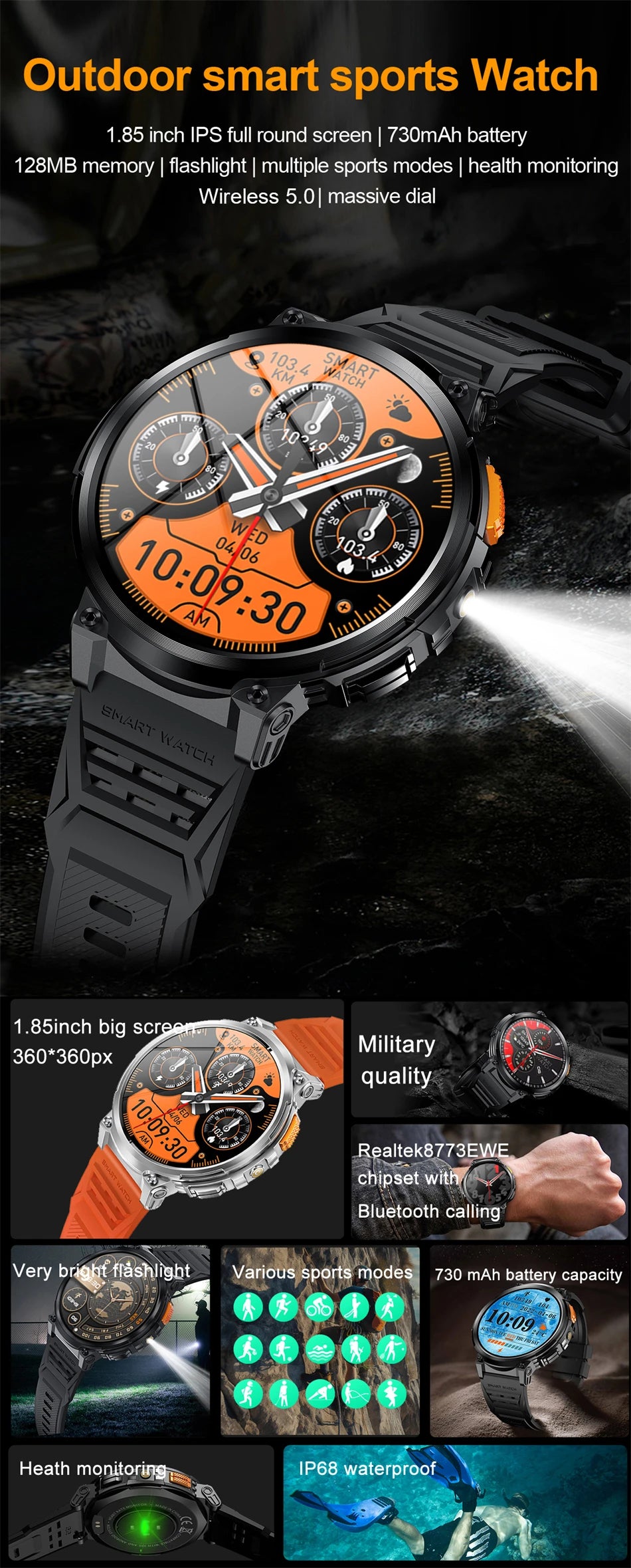 LIGE 1.85-inch AMOLED Smart Watch Men with LED Flashlight IP68 Waterproof Smartwatch 730mAh Bluetooth Call Smartwatches For Men