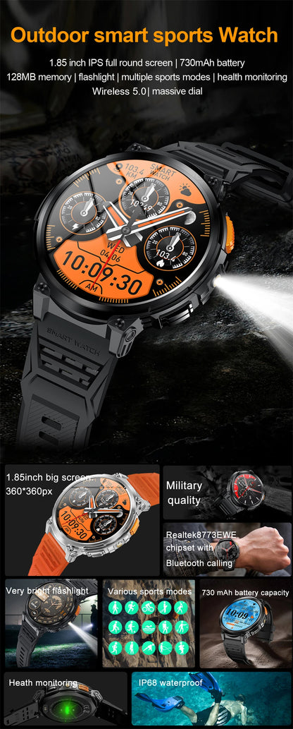 LIGE 1.85-inch AMOLED Smart Watch Men with LED Flashlight IP68 Waterproof Smartwatch 730mAh Bluetooth Call Smartwatches For Men