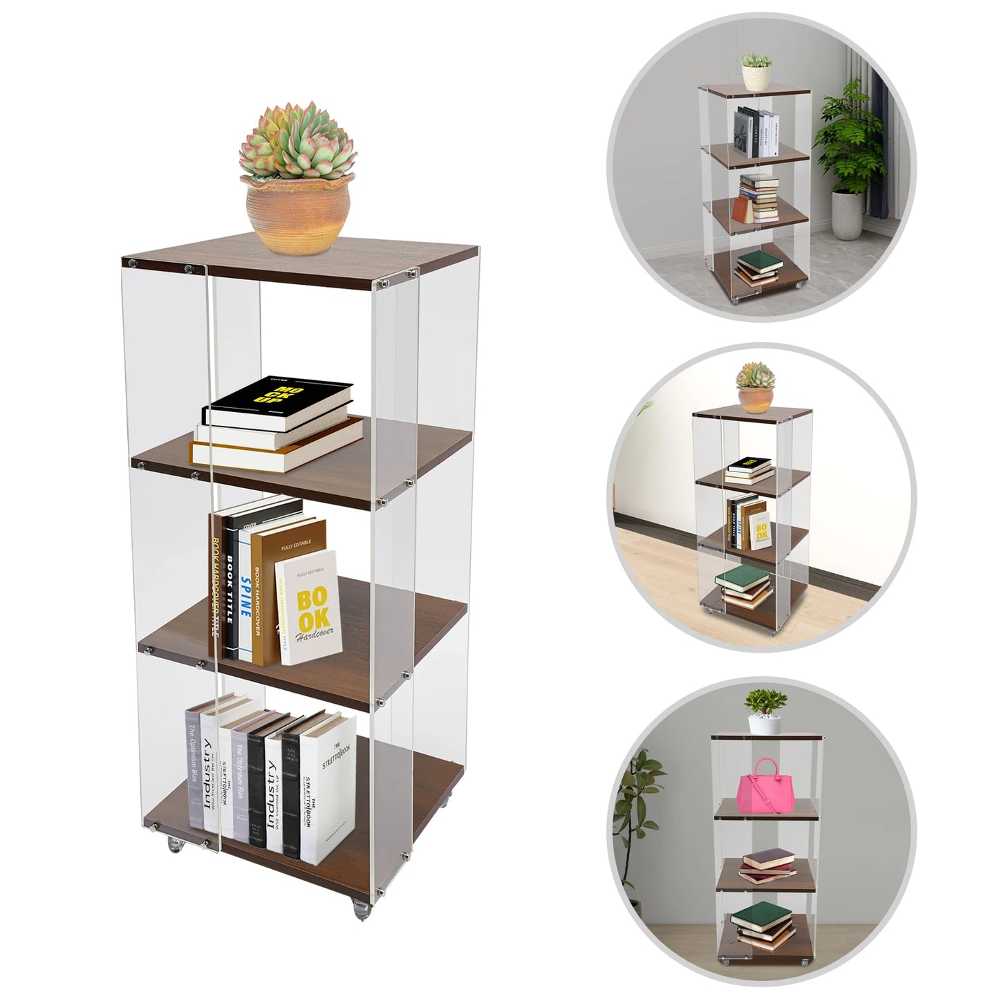 3-layer Rotating Acrylic Bookshelf with Wheels,Standing Small Corner Bookcase for Home Study Office