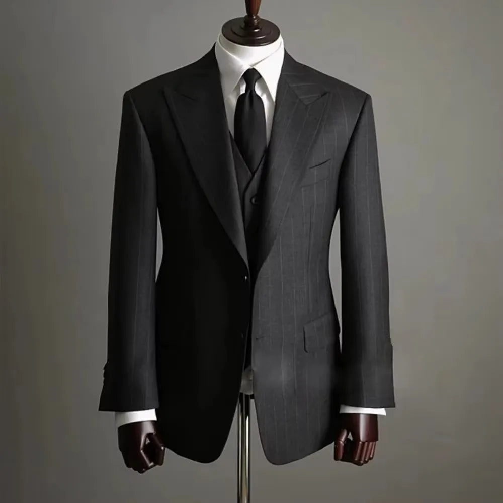 Elegant Men's Wedding Suit Brown Striped Formal Office Wedding Groom 3-Piece Blazer Vest Pants Set for Business Office