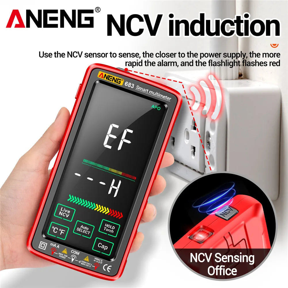 Multimetr Smart z ekranem dotykowym, tester ładowalny napięcia/prądu AC/DC, miernik NCV z indukcją, narzędzia elektryczne do diod ANENG 683