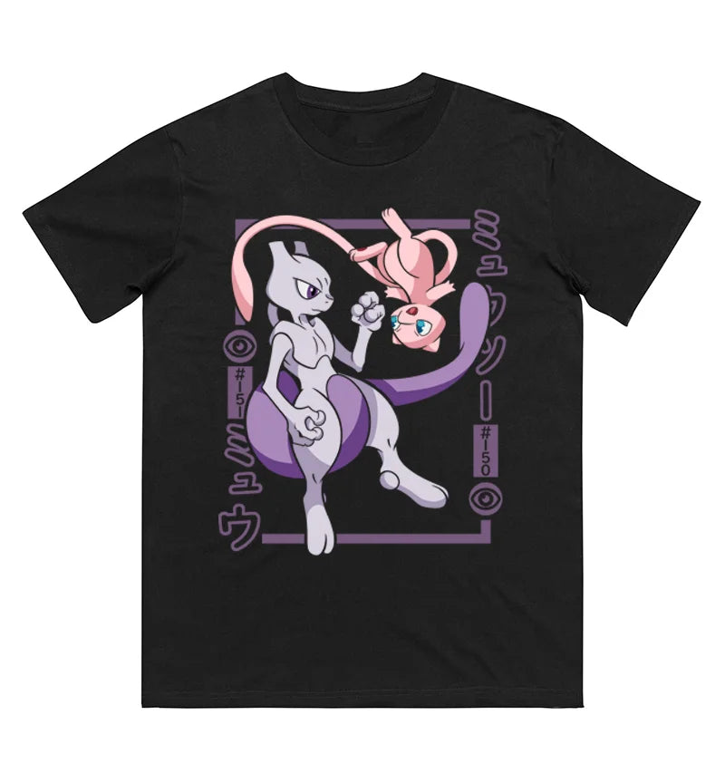 Pokémon Mewtwo Mew Printed Pure Cotton T-shirt for Men and Women Spring/Summer New Collection Fashion Short Sleeved Shirt