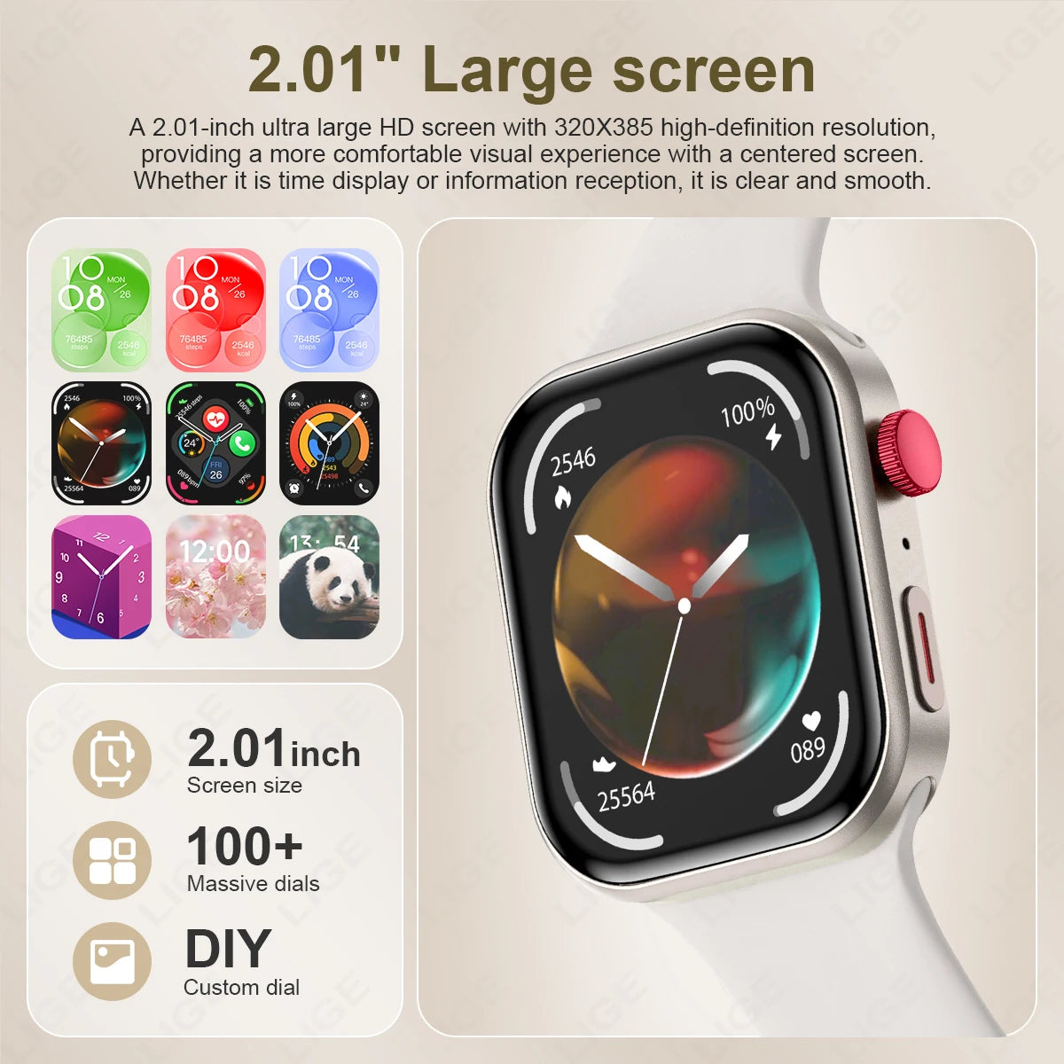 LIGE New 2.01-inch Smart Watch Men Women Heart Rate Health Monitor HD Bluetooth Call Waterproof Sport Smartwatch for Android iOS