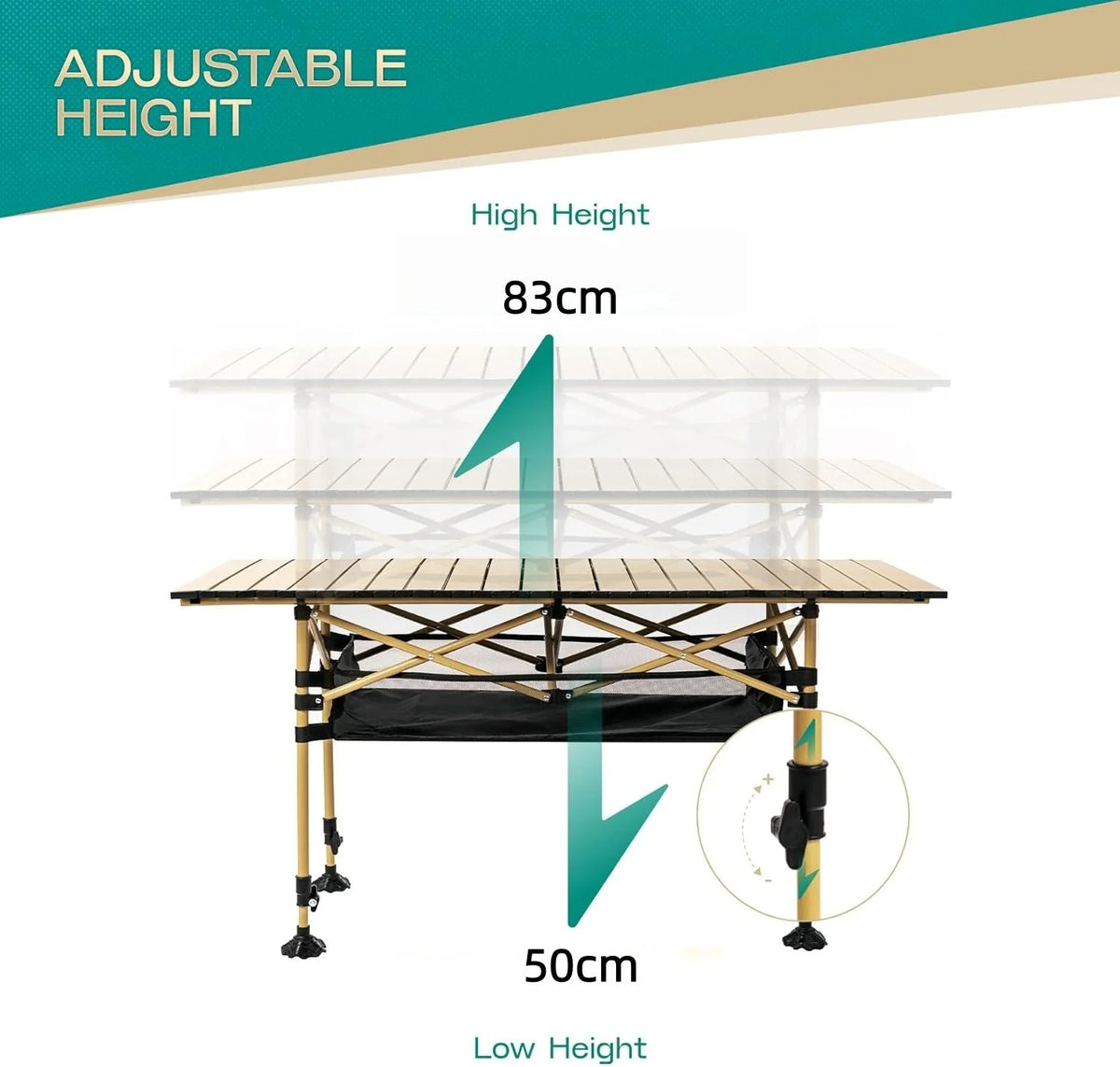 Height Adjustable Camping Table Tall Large Outdoor Folding Camping Table With Wide Base Anti-Sink Legs&Carry Bag For BBQ Beach