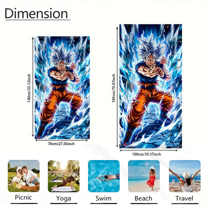 Dragon Ball Ultra Instinct Goku Beach Towel, Blue Ice Flame Anime Microfiber Quick Dry Absorbent Swim Towel for Fans