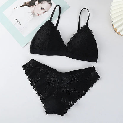 Women Lace Bra And Panties Set V-neck Push Up Bralette Sexy Lingerie Low Waist Briefs Female Non-wire Brassiere Underwear Set