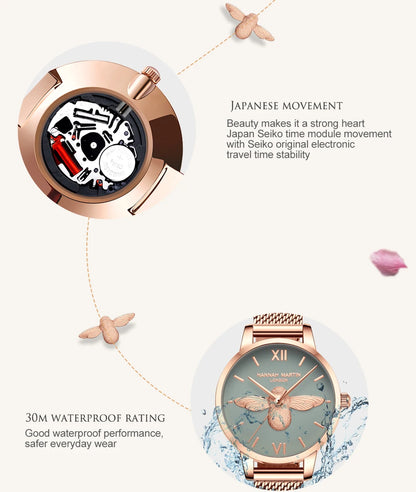Hannah Martin 2023 New Women Luxury Watch Rose Gold 31mm Classic Casual Girl Dress Watch Bracelet Set 3D Engraved Bee Dial Clock
