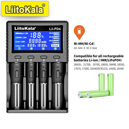 Ładowarka sieciowa LiitoKala Lii-PD4/PD2 LCD, szybkie ładowanie, 4/2 gniazda na akumulatory 21700/18650/AA/AAA, wielokrotne zabezpieczenia, automatyczne wykrywanie