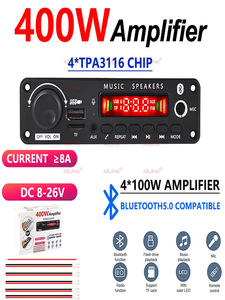 400W Amplifier Bluetooth MP3 WMA APE Decoder Board DC8-26V  Handsfree Car Audio Microphone USB TF FM Radio DIY Mp3 Music Player