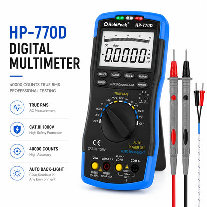Multimetr cyfrowy HP-770D True RMS 40000 zliczeń z automatycznym wyborem zakresu i funkcją NCV, tester napięcia i prądu z testem temperatury