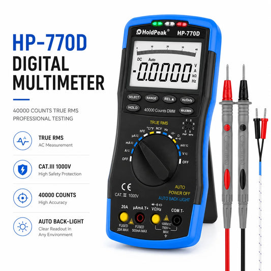 HP-770D True RMS Digital Multimeter 40000 Counts Auto Range NCV Voltage Current Tester with Temperature Test