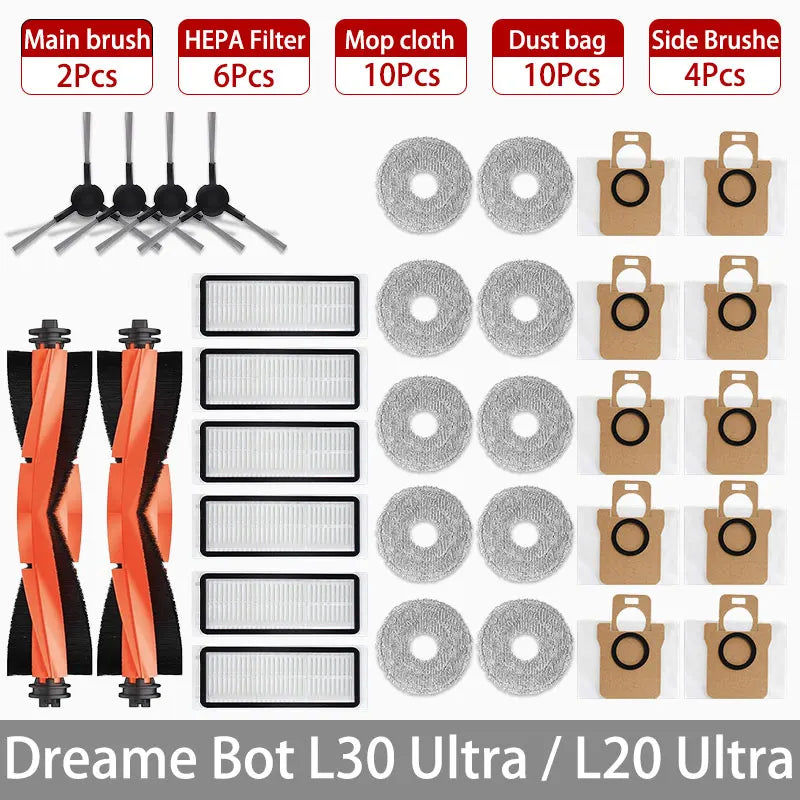 Dreame Bot L30 Ultra L20 Ultra Robot Vacuum Spare Parts Consumables Main Side Brush Hepa Filter Mop Cloth Dust Bag Accessories