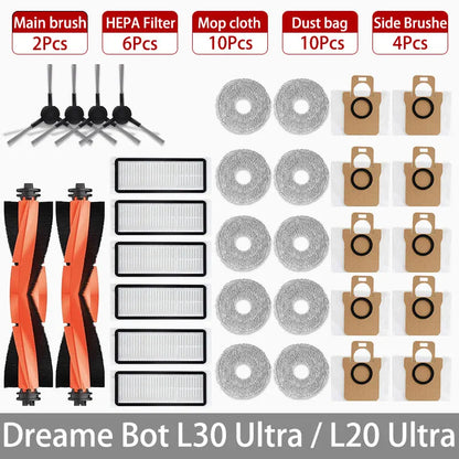 Dreame Bot L30 Ultra L20 Ultra Robot Vacuum Spare Parts Consumables Main Side Brush Hepa Filter Mop Cloth Dust Bag Accessories