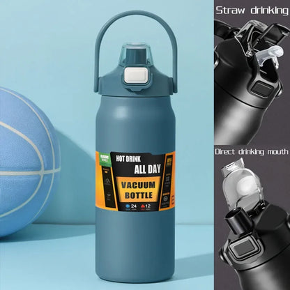 Stainless Steel Vacuum Bottle Large Capacity 1.2L/1.5L Insulated Thermo Water Flask Dual Use Lids Direct Straw Sport Gym Tumbler