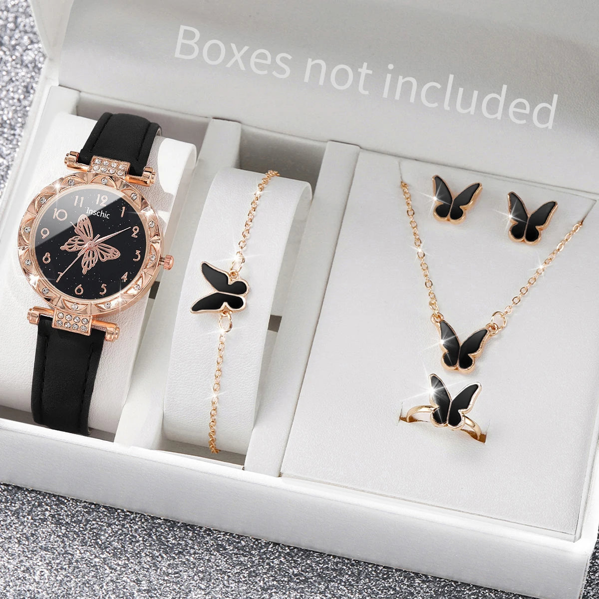 6PCS/Set Women's Watch Fashion Rhinestone Leather Band Quartz Watches Butterfly Jewelry Set(Without Box)