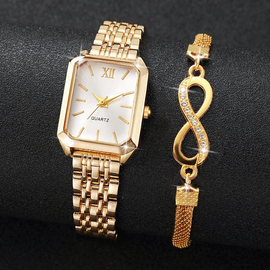 2PCS/Set Elegant Rectangle Women Quartz Watch Fashion Roma Dial Ladies Wristwatches Bracelet Set Reloj Mujer Clock (Without Box)