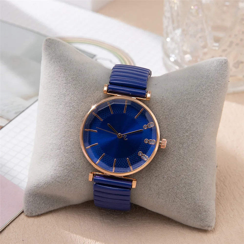 Luxury Treasure Blue Crystal Ladies Quartz Watch - Casual Stainless Steel Stretch Strap Fashion Women's Dress Clock