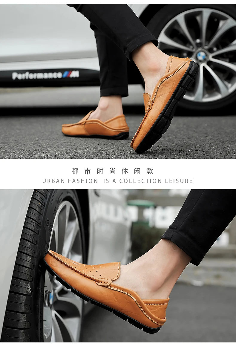 Men's Driving Shoes Large Size Loafers Hollow out Casual Bean Bean Shoes Leather Slip-On Footwear for Men