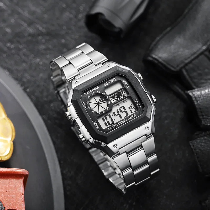 YIKAZE Luxury Men's Business Watch Stainless Steel Strap Men Digital Watch Luminous Multifunction Sports Electronic Wristwatch