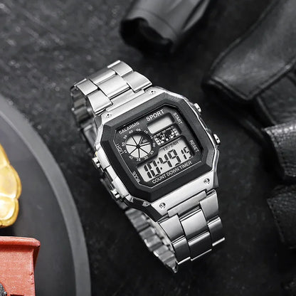 YIKAZE Luxury Men's Business Watch Stainless Steel Strap Men Digital Watch Luminous Multifunction Sports Electronic Wristwatch