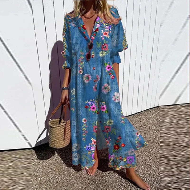 Women's Elegant Plus Size Pleated Short Sleeve V Neck Long Dresses Sweet Style High Waist Printed Dress Female Casual Loose Gown