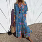 Women's Elegant Plus Size Pleated Short Sleeve V Neck Long Dresses Sweet Style High Waist Printed Dress Female Casual Loose Gown