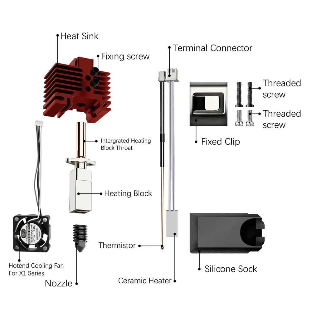 For Bambu Lab P1S Hotend Complete Assembly Upgrade Hardened Steel Extruder Kit For X1 X1C P1P P1S Fan Nozzle X1 Carbon Hot End