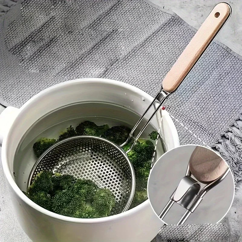 Stainless Steel Colander with Wooden Handle - Fine Mesh Skimmer Spoon for Cooking, Food Prep  Grease Filtering for Pasta Noodles