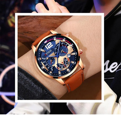 2PCS Set Luxury Brown Mens Quartz Watches Fashion Male Business Casual Wristwatch with Bracelet