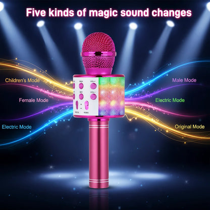 Handheld Bluetooth Microphone Speaker, 5 Voice Changer (Kid/Male/Female/Electronic), HIFI Sound, LED Light,  Portable KTV