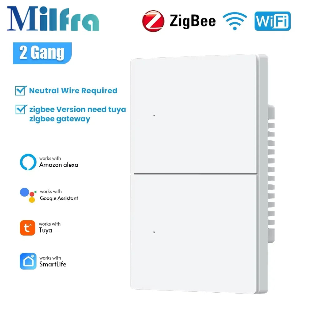 Milfra Smart Switch Zigbee WIFI Light Switch 1/2/3/4/6 Gang Voice Control Work With Alexa Google Home Tuya Control With Neutral