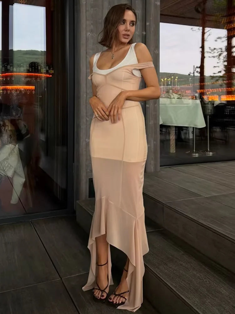 Lace Hem Corset Style Long Dress Skin Tone Mesh Vertical Stitch Slim Mid Length Silhouette 2026 Summer Holiday Women Daily Wear