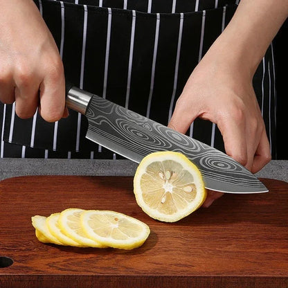 Laser Damascus Pattern Utility Kitchen Knives Set, Stainless Steel Sharp Slicing Chef Knife, Scissors & Sharpening Rod Cooking T