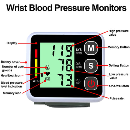 Medical Digital Wrist Blood Pressure Monitor Heart Rate Pulse Meter Measure Sphygmomanometer PR LCD Screen Portable Health Care