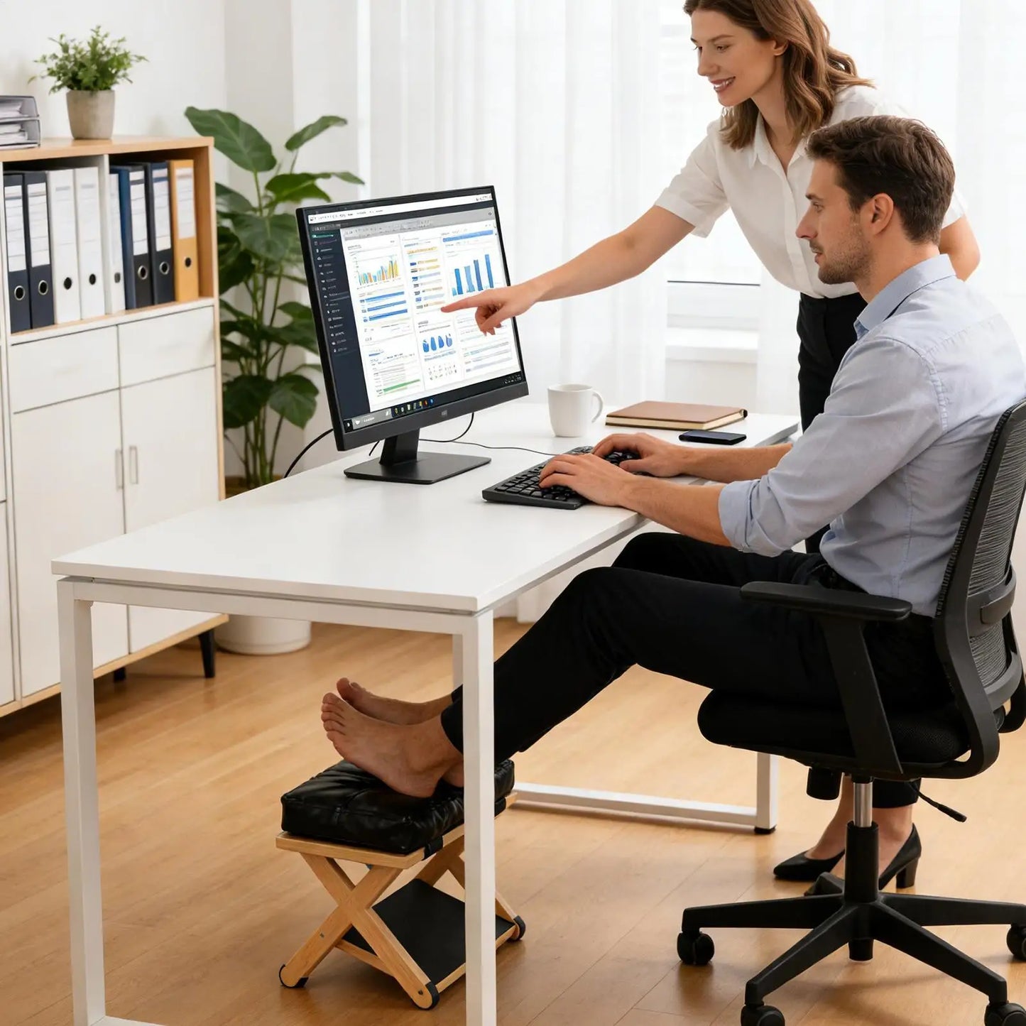 Desk Foot Stool Wooden Double-Layer Non-Slip Ergonomic Leg Rest Office Desk Footrest for Home Dorm Office Apartment Study