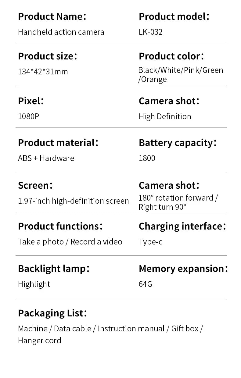 HD 4K Action Camera 180 Degree Rotatable For Vlog YouTube Tiktok Girls Record Life Video Recording Entry Portable Action Camera