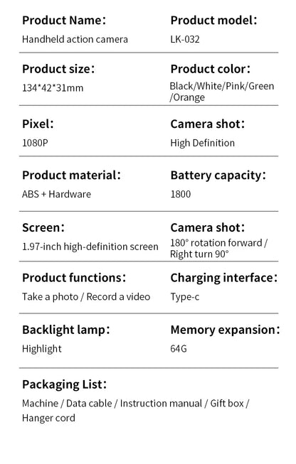 HD 4K Action Camera 180 Degree Rotatable For Vlog YouTube Tiktok Girls Record Life Video Recording Entry Portable Action Camera