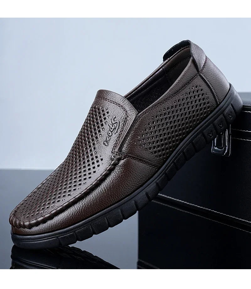 Men's Slip-On Loafers Summer Hollow Out Breathable Casual Shoes Comfortable Soft Sole Anti-Slip Leather Shoes-8822