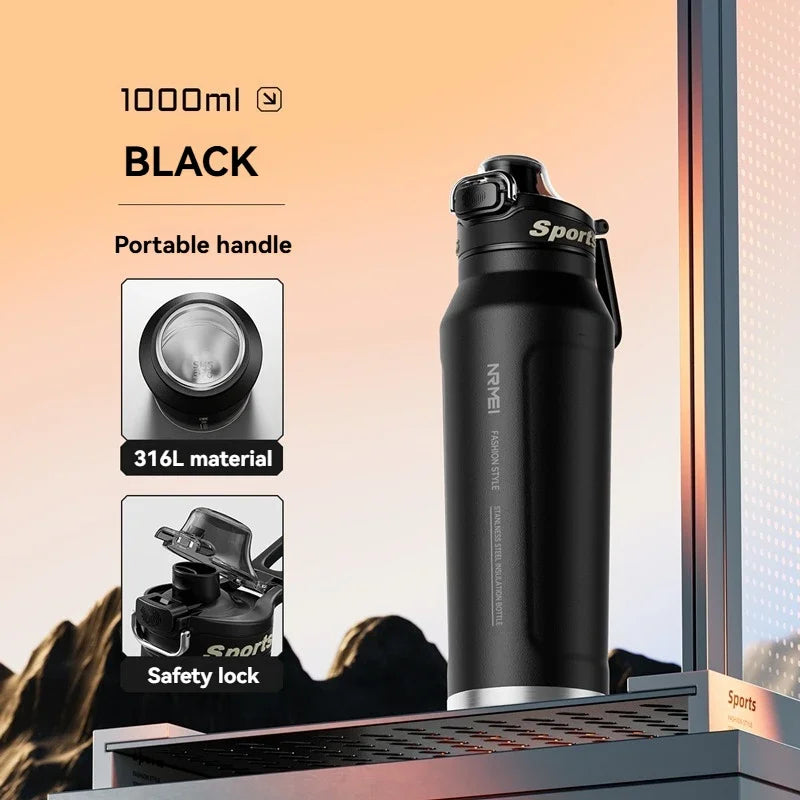 1L Stainless Steel Thermos Bottle, Iced & Heat Insulated Cup, Hiking Cycling Fitness Vacuum Flask with Handle