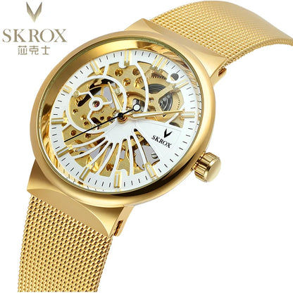 SKROX Luxury Brands Fashion Man Wrist Watches Steel Skeleton Ultra Thin Mechancical Clock Mesh Strap Waterproof Manual Movement