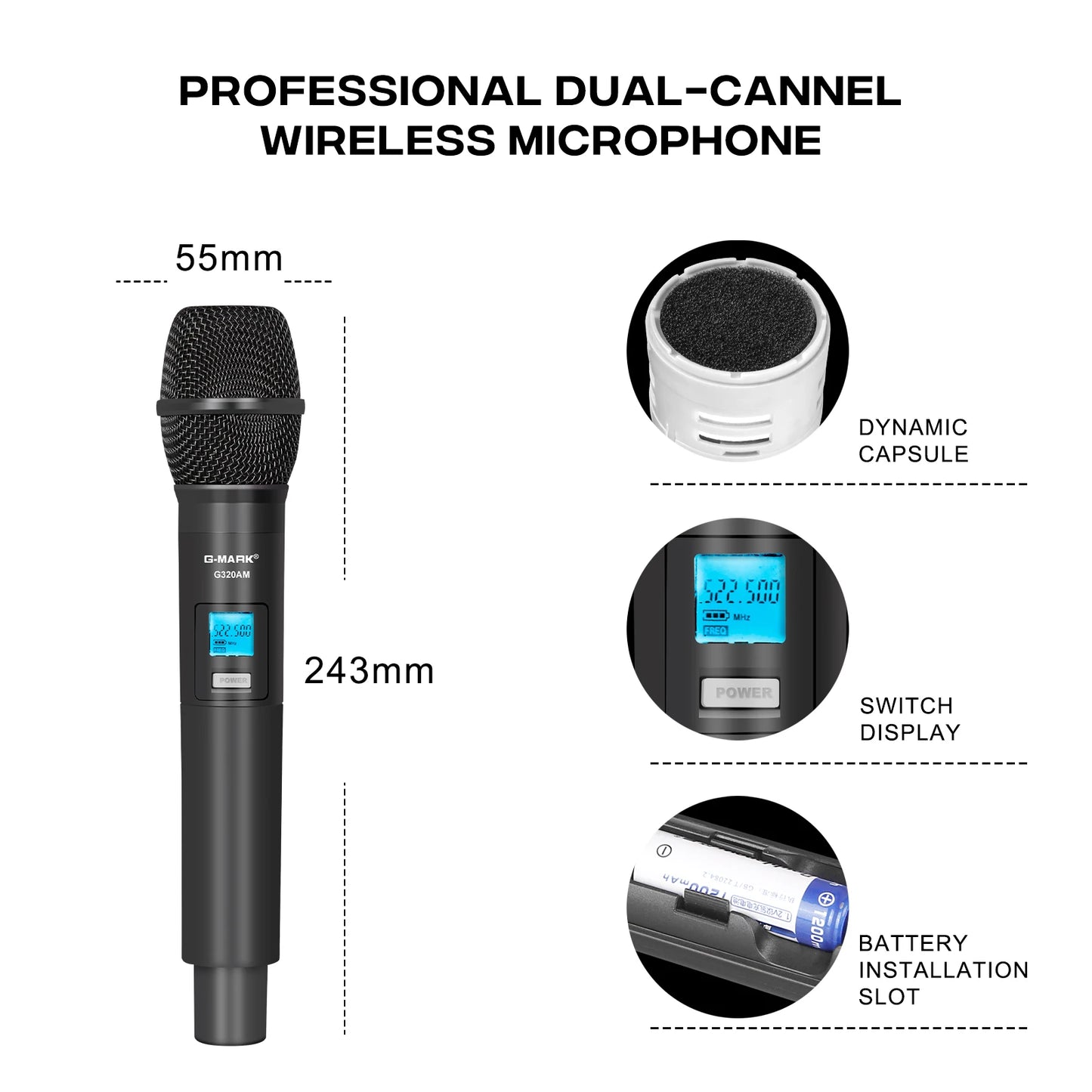 Wireless Microphone G-MARK G320AM Professional UHF 2 Channels Karaoke Mic Handheld Automatic Frequency Adjustable 100M