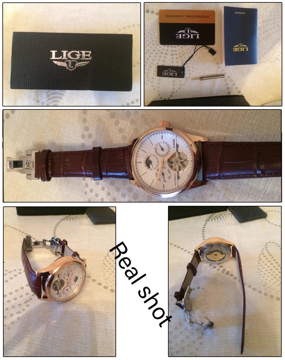 LIGE Men Watches Automatic Mechanical Watch Tourbillon Clock Genuine Leather Waterproof Watch Men Military Wristwatch Man