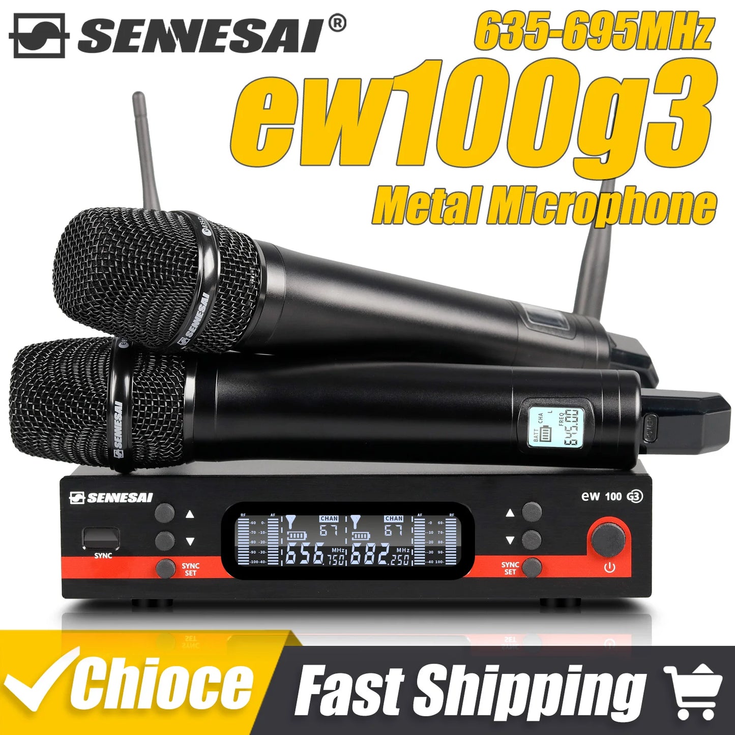 SENNESAI Ew100g3 Professional Dual Wireless Microphone Stage Performance 2 Channels 600-699MHz UHF Karaoke Metal Handheld