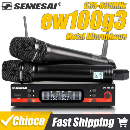 SENNESAI Ew100g3 Professional Dual Wireless Microphone Stage Performance 2 Channels 600-699MHz UHF Karaoke Metal Handheld
