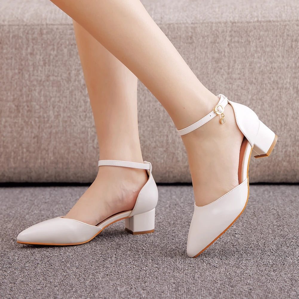 Women White Chunky Heels Wedding Shoes for Bride Closed Pointed Toe Ankle Strap Pumps