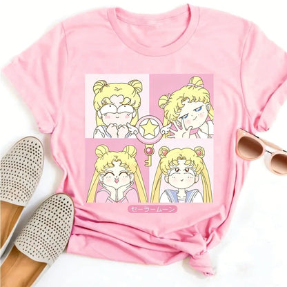 Summer 2026 Sailor Moon "Four Grid Emoji Pack" Soft Street Trend 100% Cotton Print Loose T-shirt Male/female Top Y2k